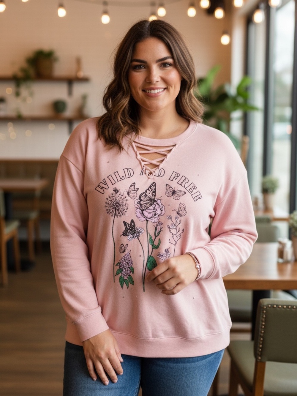 NWOT “Wild And Free” 3X Pink Butterfly Bee Floral Graphic Crew Sweatshirt Ladder
